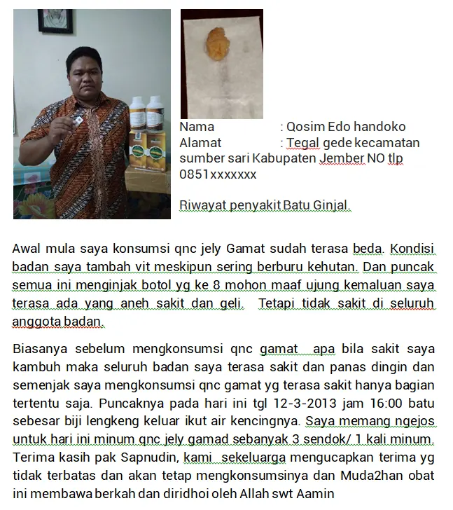 testimoni qnc jelly gamat dari bapak qosim edo handoko